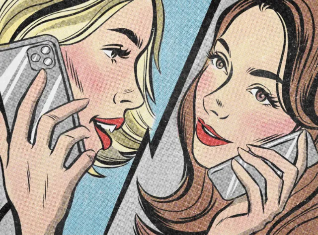 Two women talking on mobile phones, illustrated by Jessine Hein