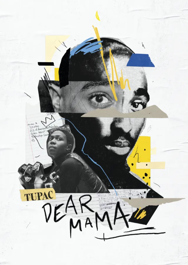 Collage of Tupac Shakur with 'Dear Mama' text by artist Andy Gellenberg