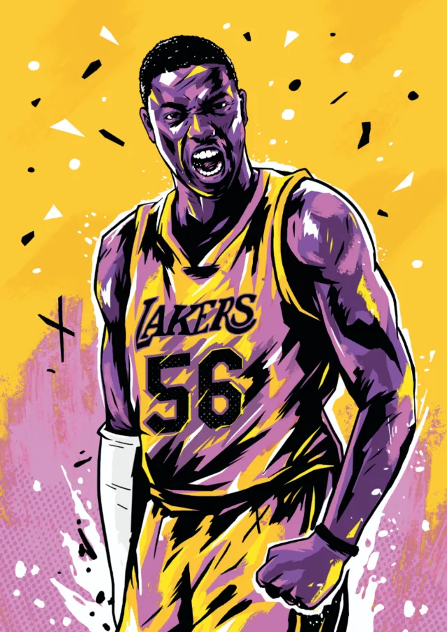 Los Angeles Lakers basketball player wearing number 56 with intense expression by Andy Gellenberg