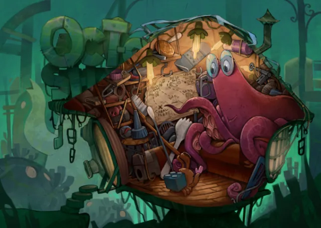 Underwater octopus inside a cozy treehouse with nautical items by Tom Bonson