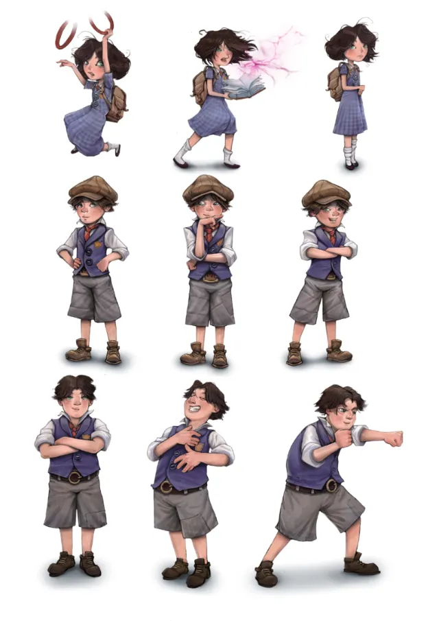Character design sheet of two children, girl with magic and boy in uniform by Tom Bonson