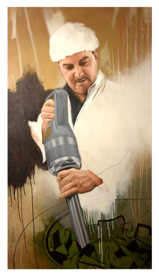 Man in protective gear using industrial vacuum cleaner by Patrick Rosche