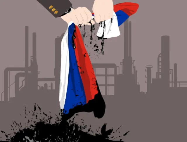 Hands squeezing Russian flag dripping oil, illustration by Martha von Maydell