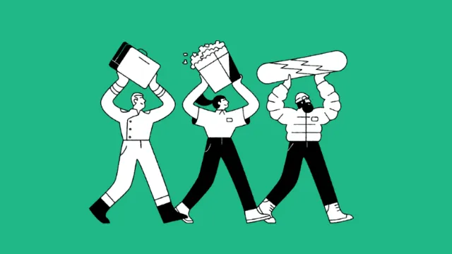 Three people holding oversized objects like a box, popcorn, and lightning bolt illustration by Josep