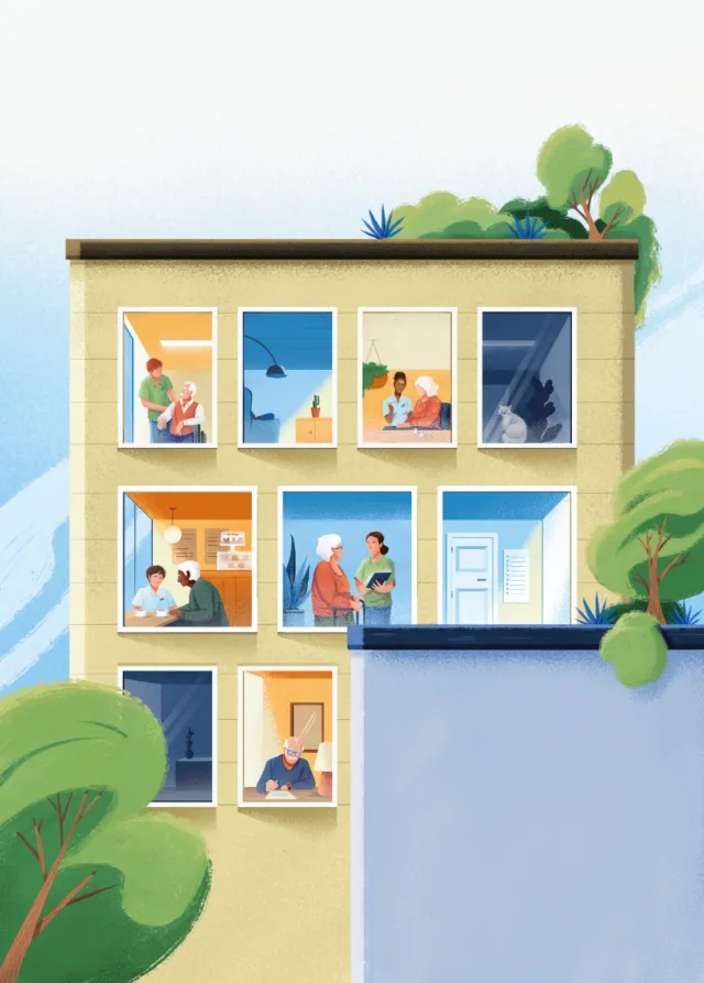 Illustration of a building with people in different rooms by Andressa Meissner