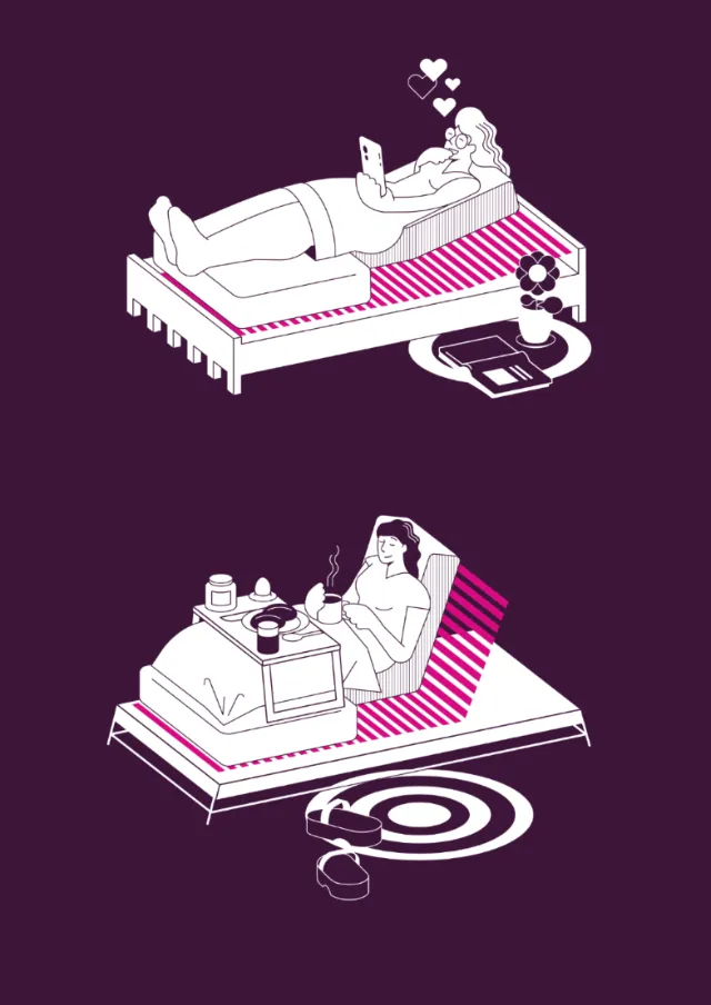Two people relaxing separately on beds in a minimalistic style by Tobias Wandres
