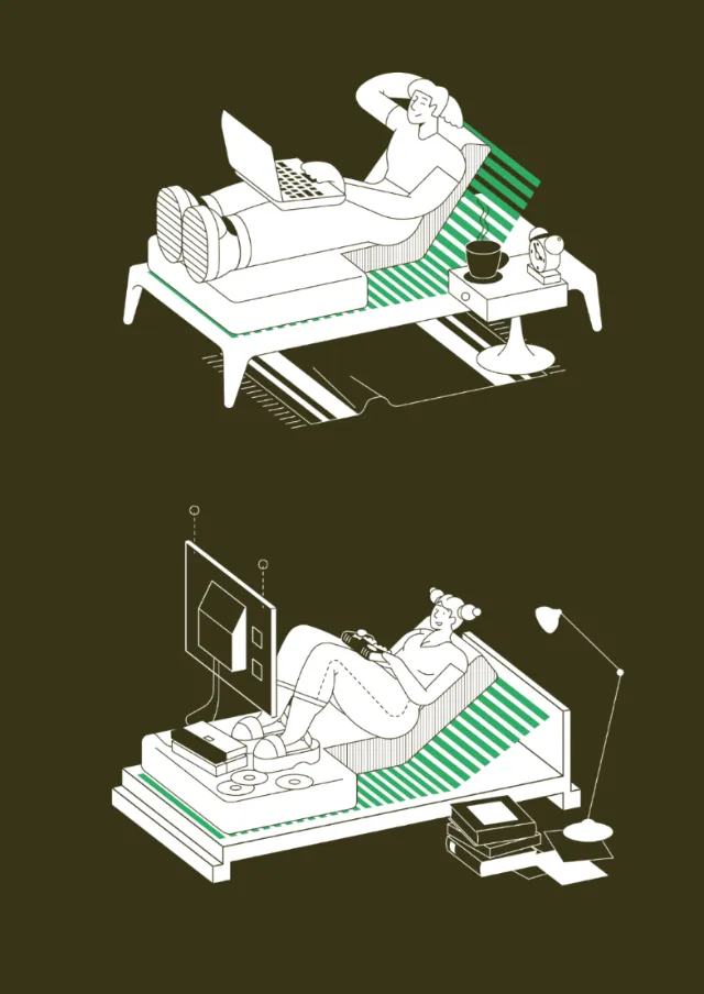 Two people relaxing on lounge chairs with books and laptop by Tobias Wandres