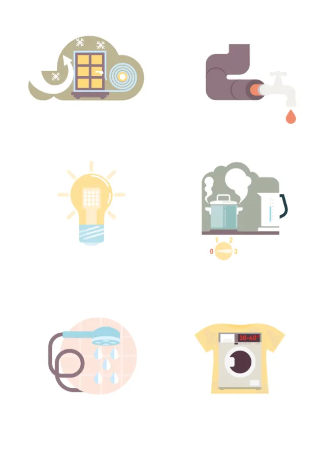 Household utility icons including light bulb, kettle, shower, and washing machine by Tobias Wandres