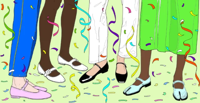 Illustration of diverse feet in stylish shoes with confetti by Montana Forbes