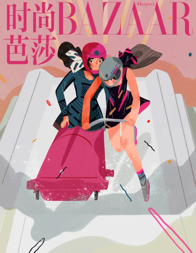 Three women racing down a bobsled track in helmets and sportswear by Hao Hao