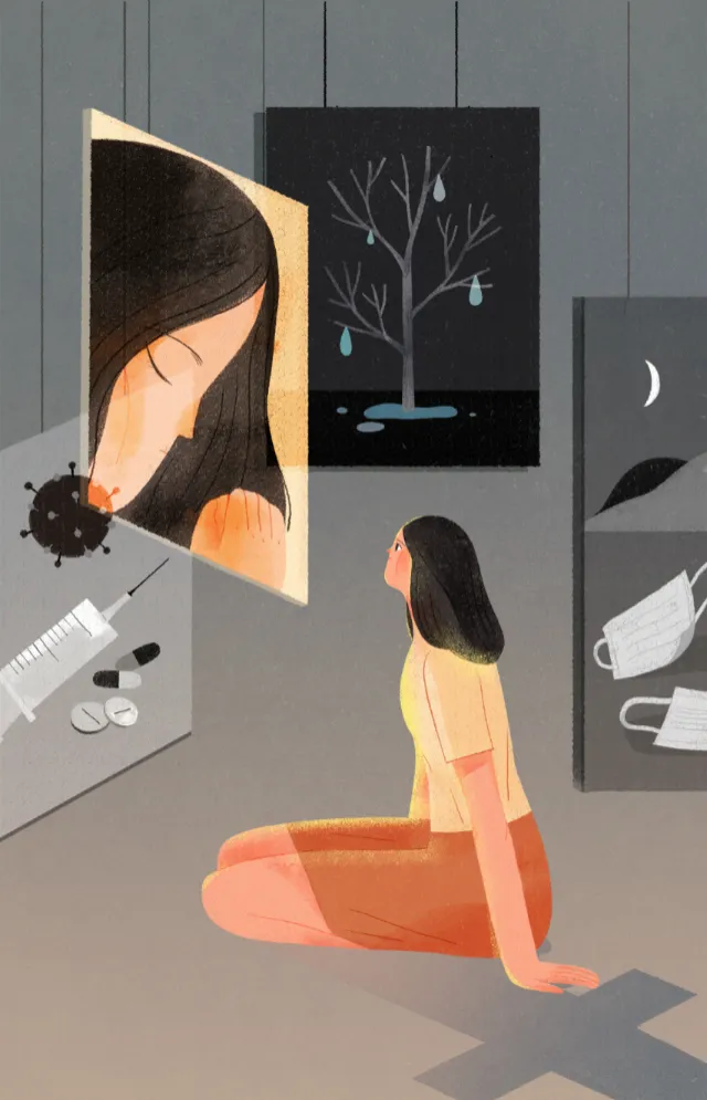 Woman looking at panels showing virus, syringe, masks, and a tree illustration by Hao Hao