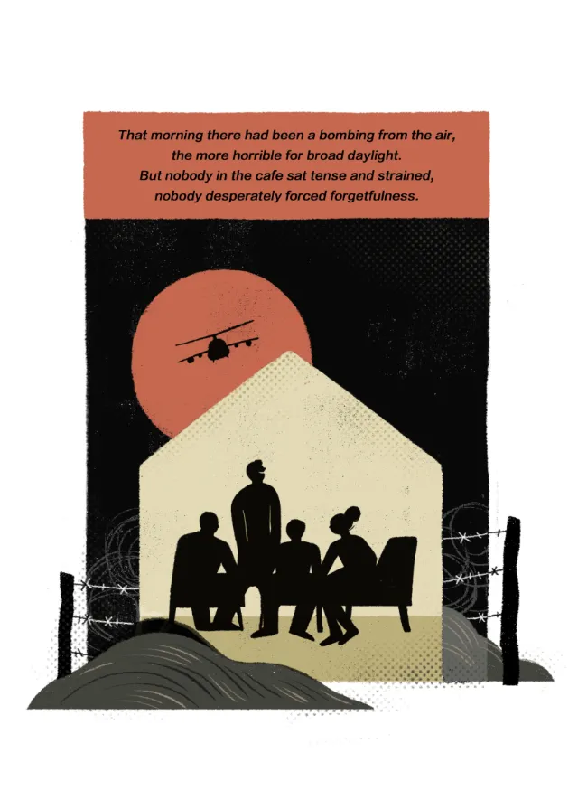 Silhouetted family inside shelter with helicopter above by Hao Hao