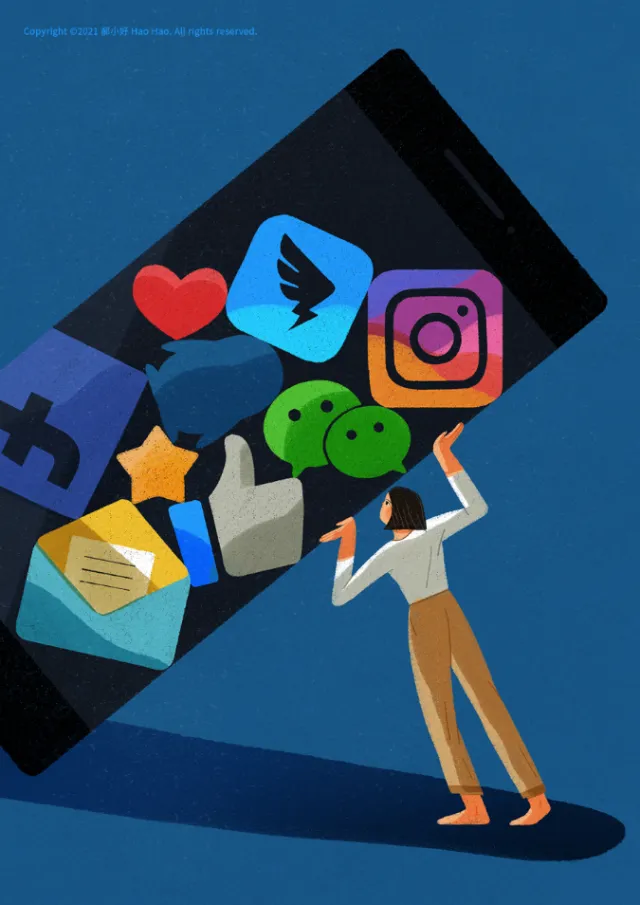 Woman carrying smartphone showing social media icons by Hao Hao