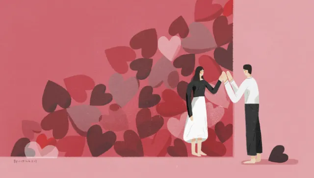 Two people high-five in front of hearts background by Hao Hao