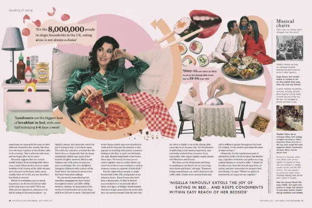 Colorful lifestyle illustration by Debora Islas featuring a woman with pizza and musical motifs