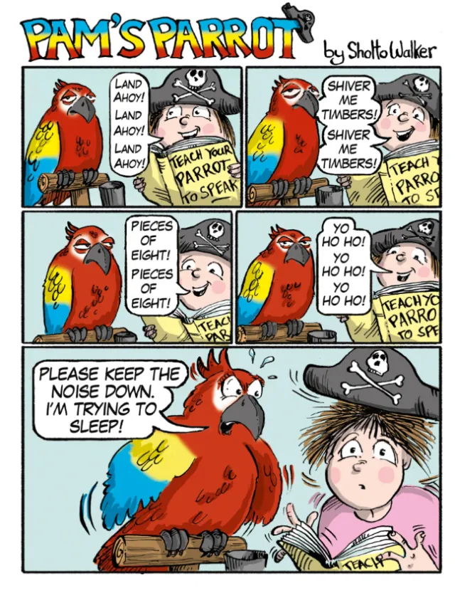 Comic strip showing a girl and her bad-tempered parrot by Sholto Walker