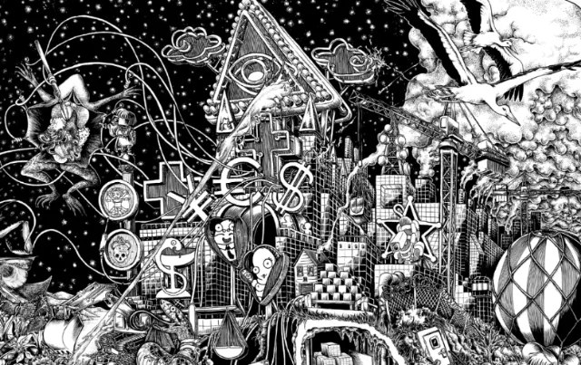 Surreal black and white cityscape with cosmic and symbolic elements by Carles Garcia O'Dowd