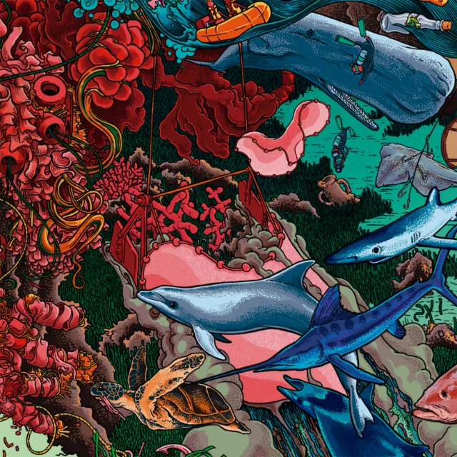 Underwater scene with fish, sharks, and coral reefs by Carles Garcia O'Dowd