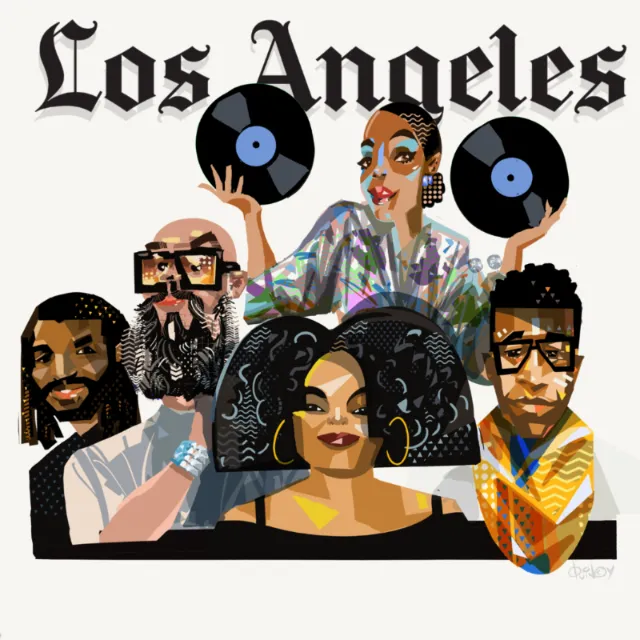 Illustration of diverse Los Angeles DJs holding vinyl records by Quincy Sutton