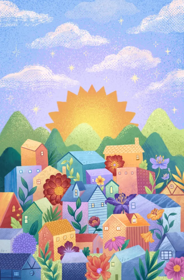 Colorful village with flowers and rising sun over mountains by Alyssa De Asis
