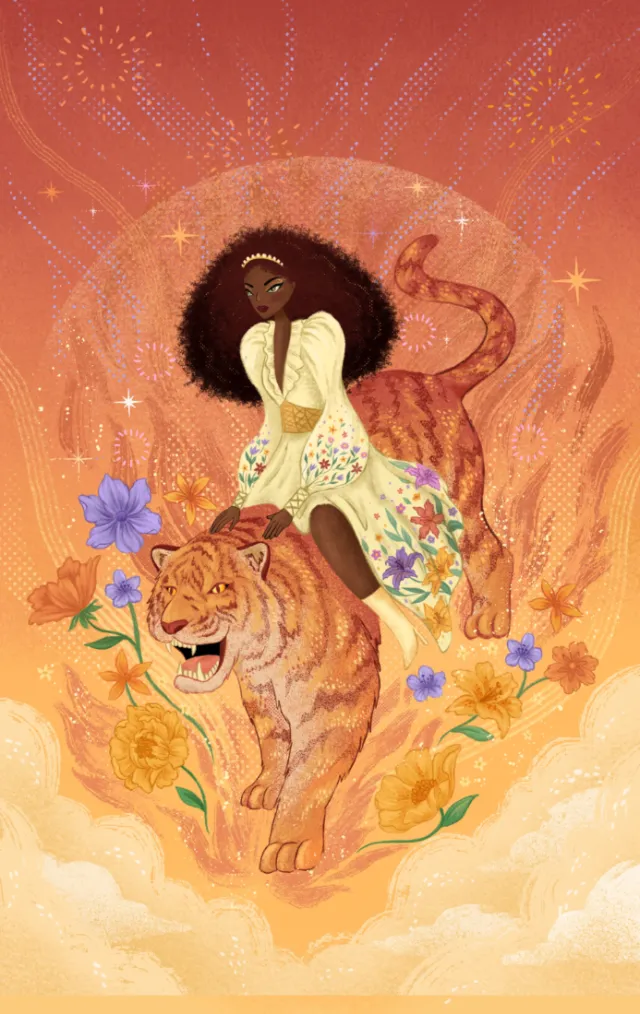 Surreal image of a woman riding a tiger in a glowing magical scene by Alyssa De Asis