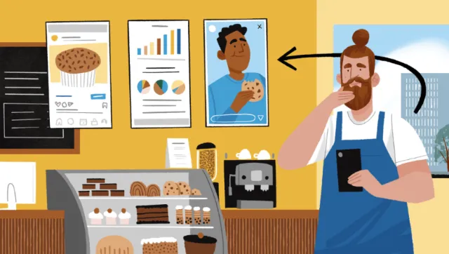 Man in café holding phone with Instagram analytics artwork by Drew Bardana