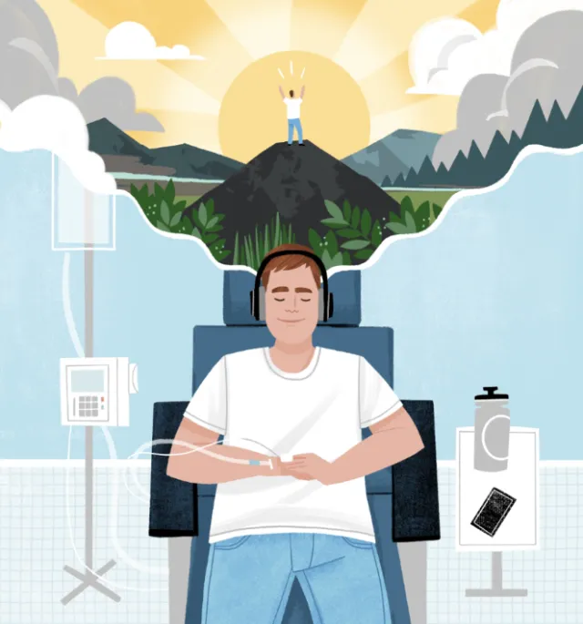 Illustration of patient relaxed in chair receiving ketamine therapy by Drew Bardana