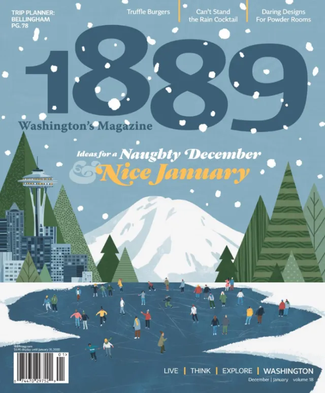 Winter scene of Seattle with people ice skating on frozen lake