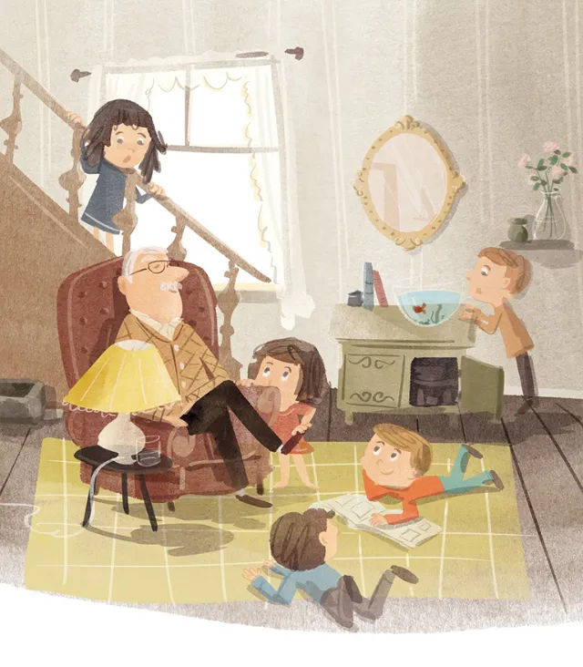 Children playing around grandfather in cozy living room by Nathaniel Eckstrom