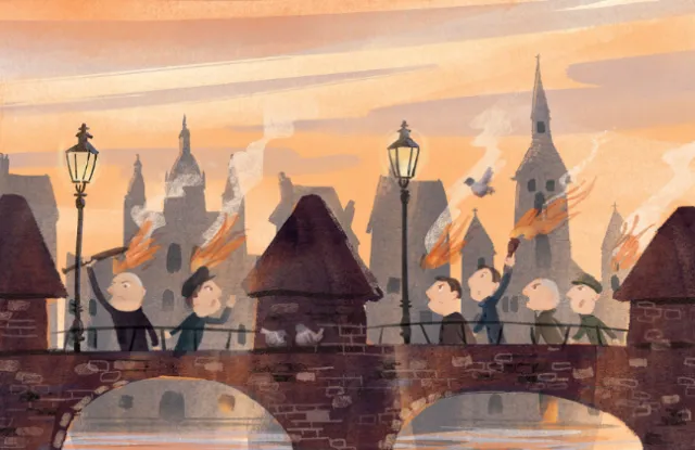 Children on a bridge with birds at sunset in an illustrated cityscape by Nathaniel Eckstrom