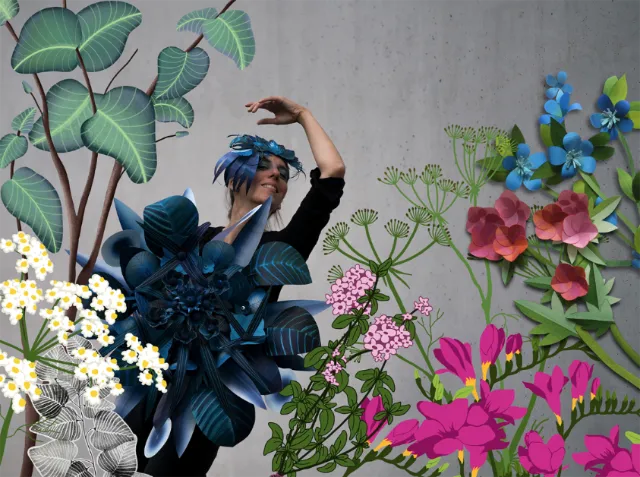 Woman poses among intricate paper flowers and leaves by Martha von Maydell