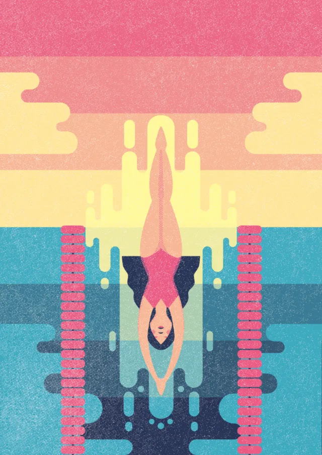 Diving woman plunging into water with colorful layers by Donough O'Malley