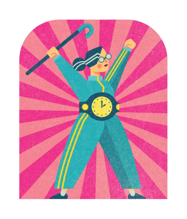Illustration of person holding cane with clock on waist by Donough O'Malley