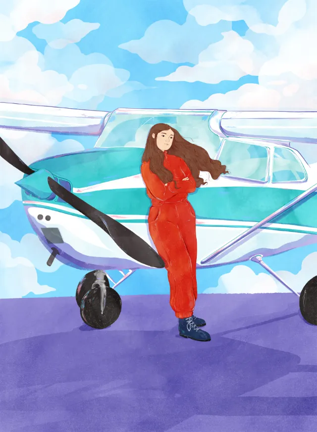 Woman in red jumpsuit standing beside a small airplane, watercolor by Grace Lanksbury