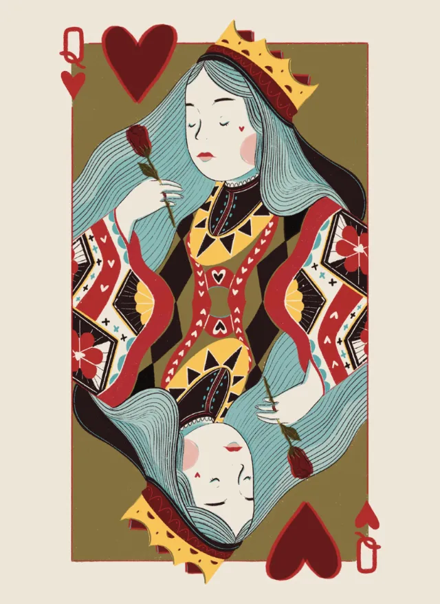 Illustration of Queen of Hearts playing card by Grace Lanksbury