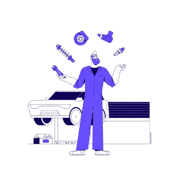 Mechanic inspecting floating car parts near a vehicle by Joseph Carrington