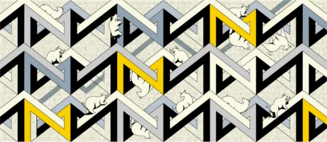 Geometric zigzag pattern in black, white, gray, and yellow by Joseph Carrington