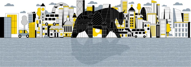 Stylized black elephant walking over city skyline with yellow-gray buildings by Joseph Carrington