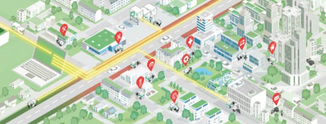 Isometric city map with buildings, roads, and location pins by Tobias Wandres
