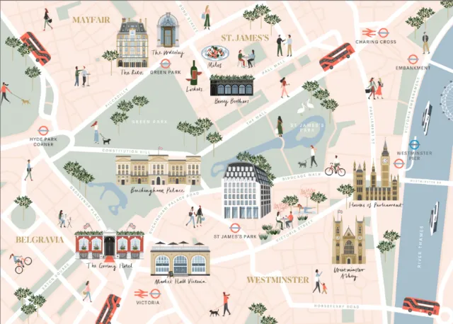 Illustrated map of central London with landmarks and transport stops by Kate Snell
