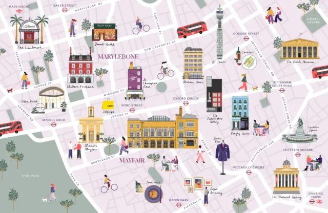 Illustrated map of London neighborhoods with landmarks and people by Kate Snell
