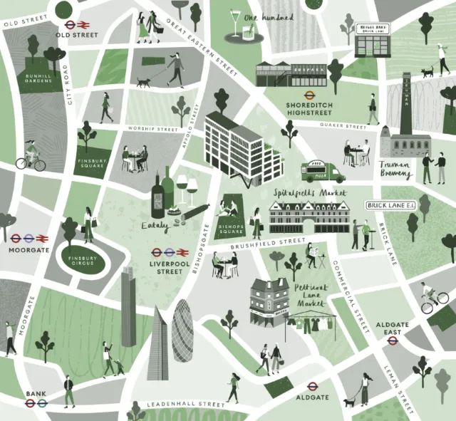 Illustrated map of London landmarks and streets by Kate Snell