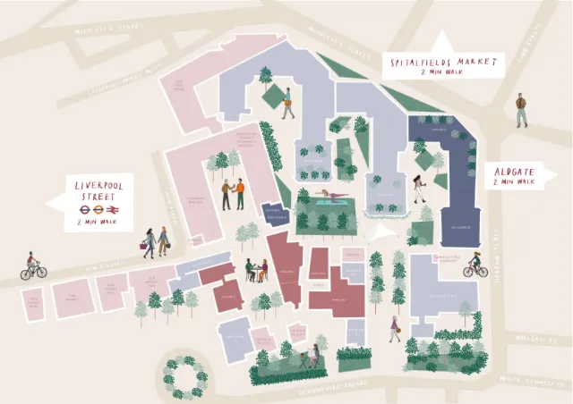 Illustrated market map with people and trees by Kate Snell