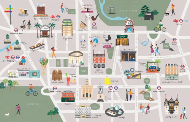 Illustrated London map with landmarks and people by Kate Snell