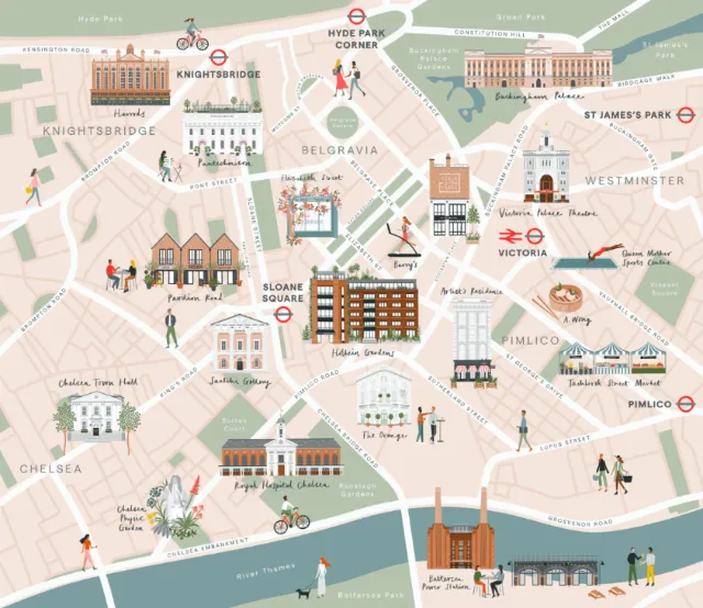 Colorful illustrated map of Central London with landmarks by Kate Snell