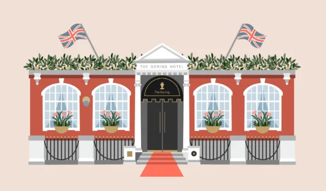 The Churchill Arms pub facade illustration by Kate Snell with Union Jack flags