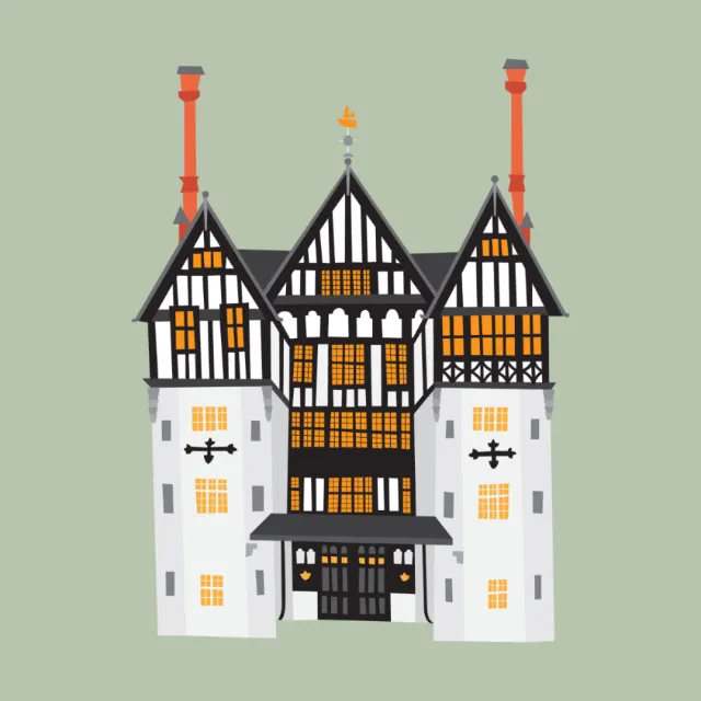 Tudor-style building with three towers and orange windows, by Kate Snell