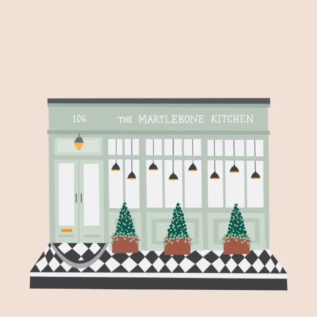 Exterior illustration of The Marylebone Kitchen by Kate Snell with potted plants and lamps