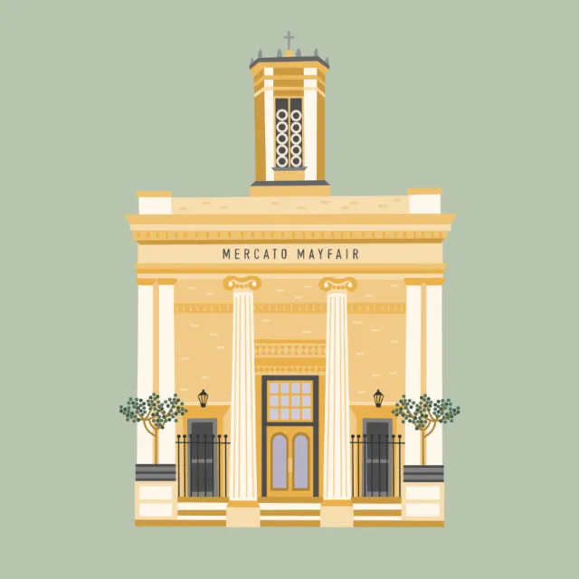 Mercato Mayfair building illustration by Kate Snell featuring classical columns