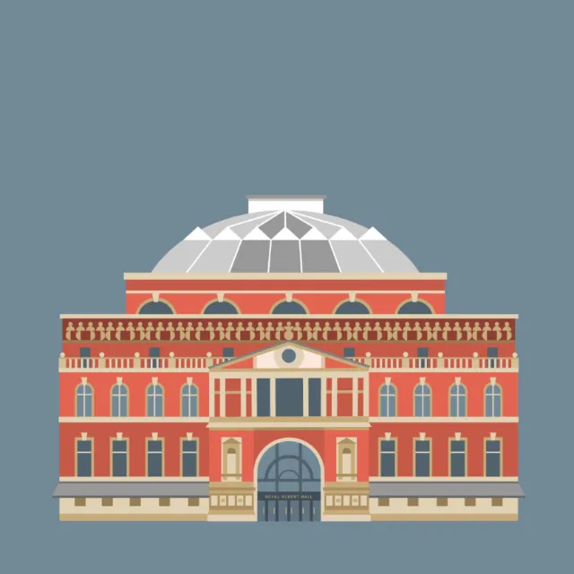 Illustration of Royal Albert Hall with large dome and red brick facade by Kate Snell